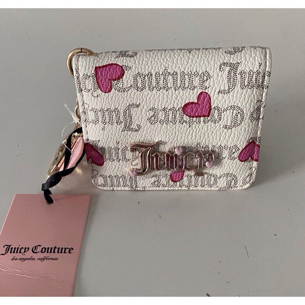 Juicy Couture V-I Heart Juicy Card Case Key Fob Wallet In Pecan White NEW